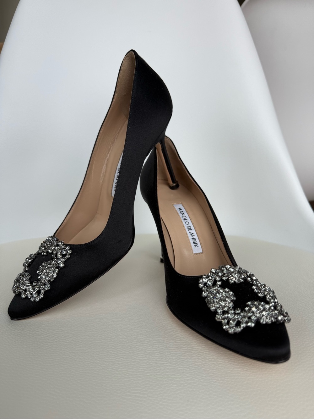 Manolo Blahnik Black Satin Pointed-Toe Pumps with Crystal Buckles
